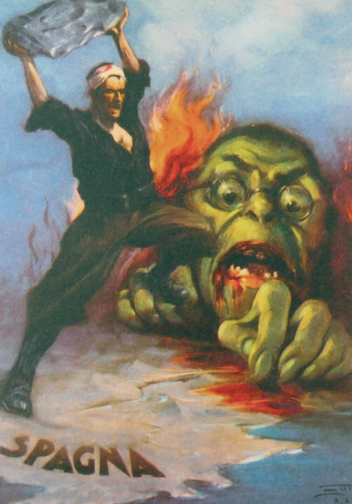 Cartolina raffigurante una camicia nera che difende la Spagna dal mostro bolscevico